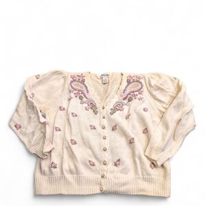 Vintage Cream Embroidered Women's Cardigan By Abini Size L